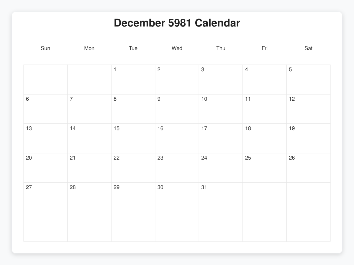 Printable December 5981 Calendars