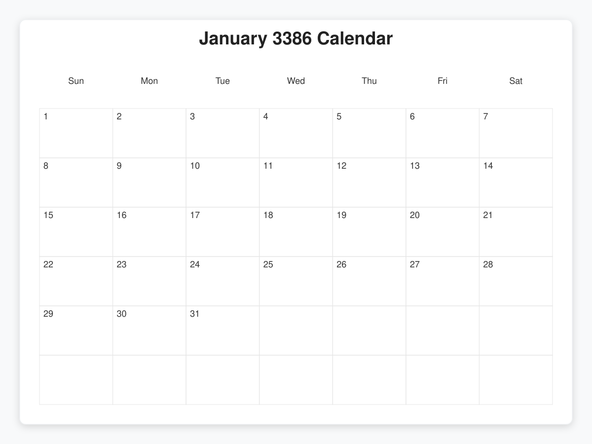 Printable January 3386 Calendars