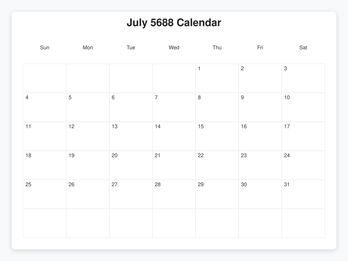 Printable July 5688 Calendars