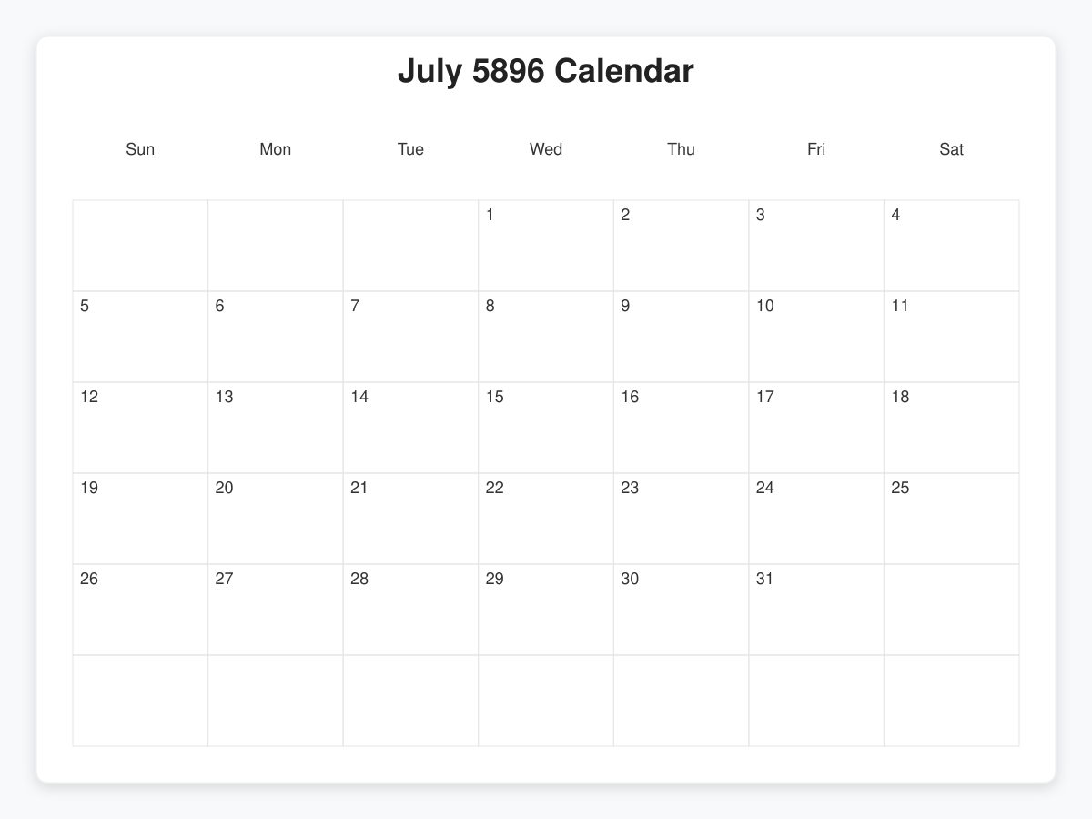 Printable July 5896 Calendars