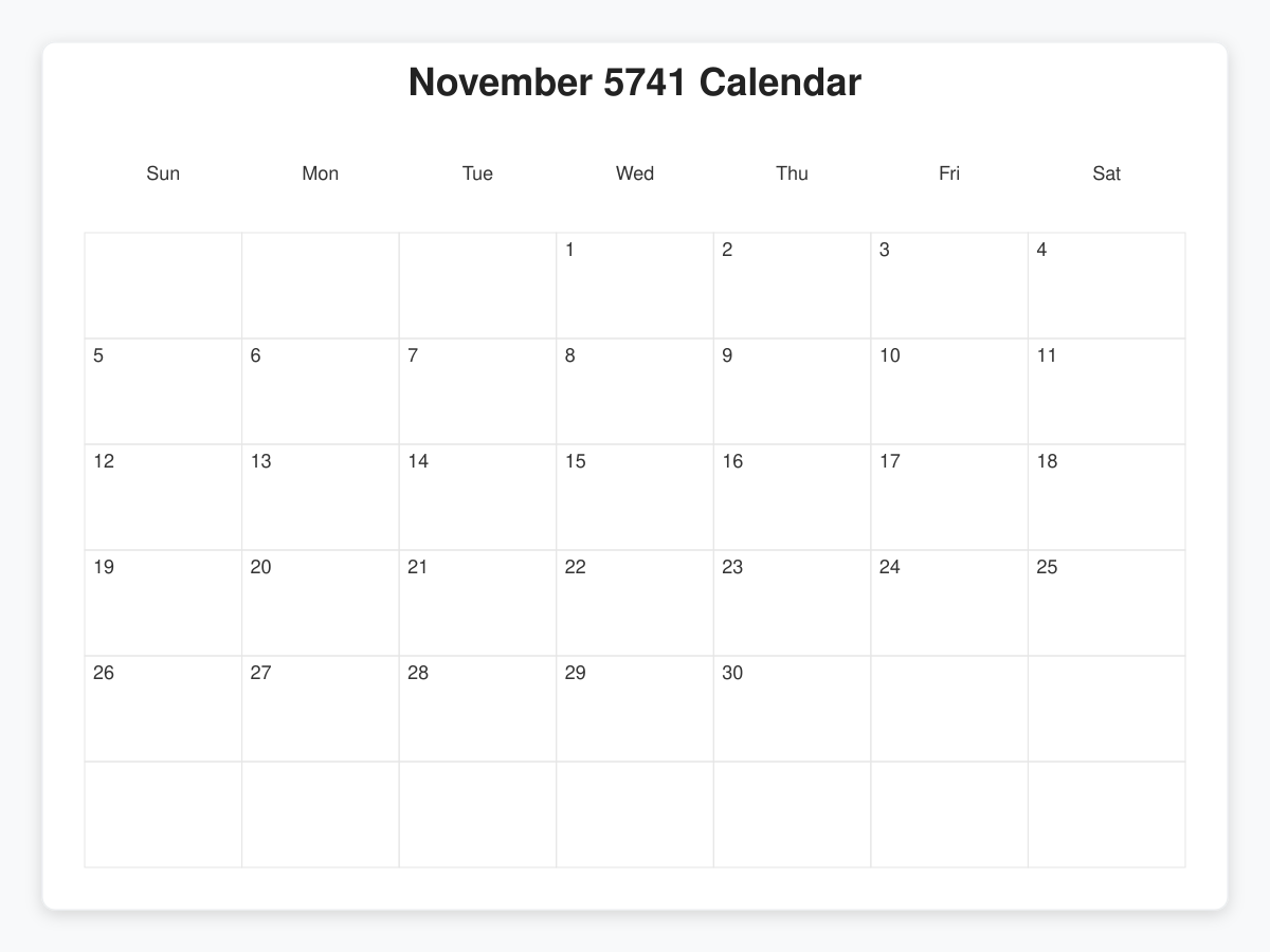 Printable November 5741 Calendars
