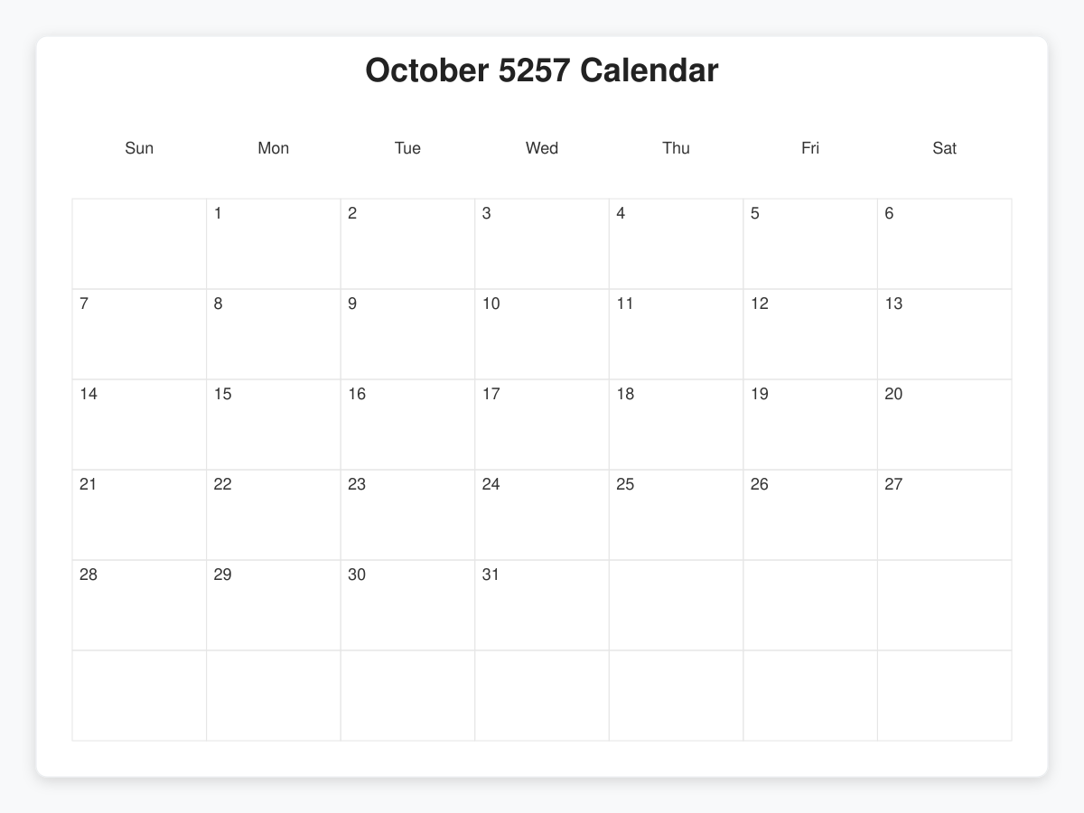 Printable October 5257 Calendars