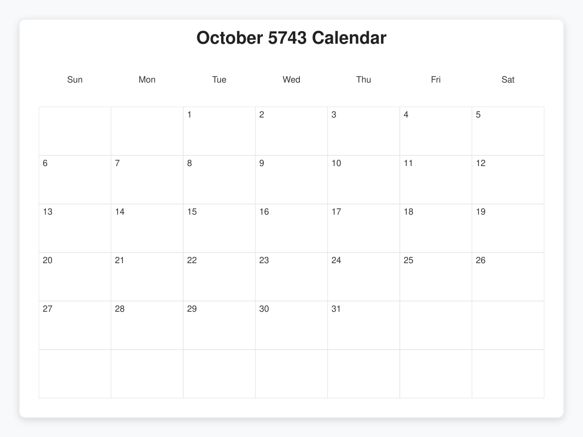 Printable October 5743 Calendars