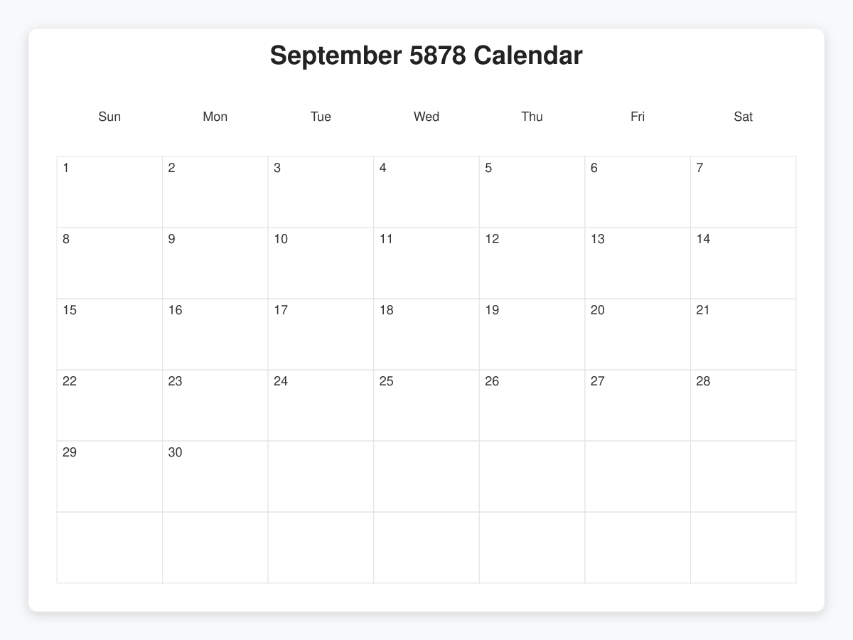 Printable September 5878 Calendars