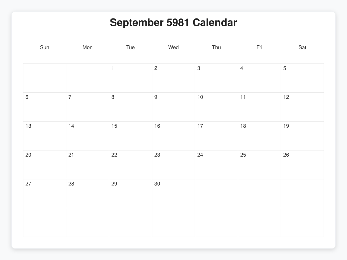Printable September 5981 Calendars