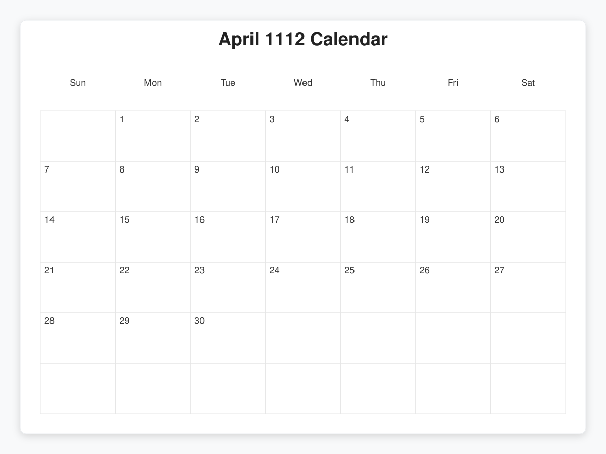 Printable April 1112 Calendars