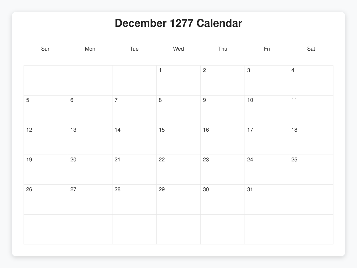 Printable December 1277 Calendars