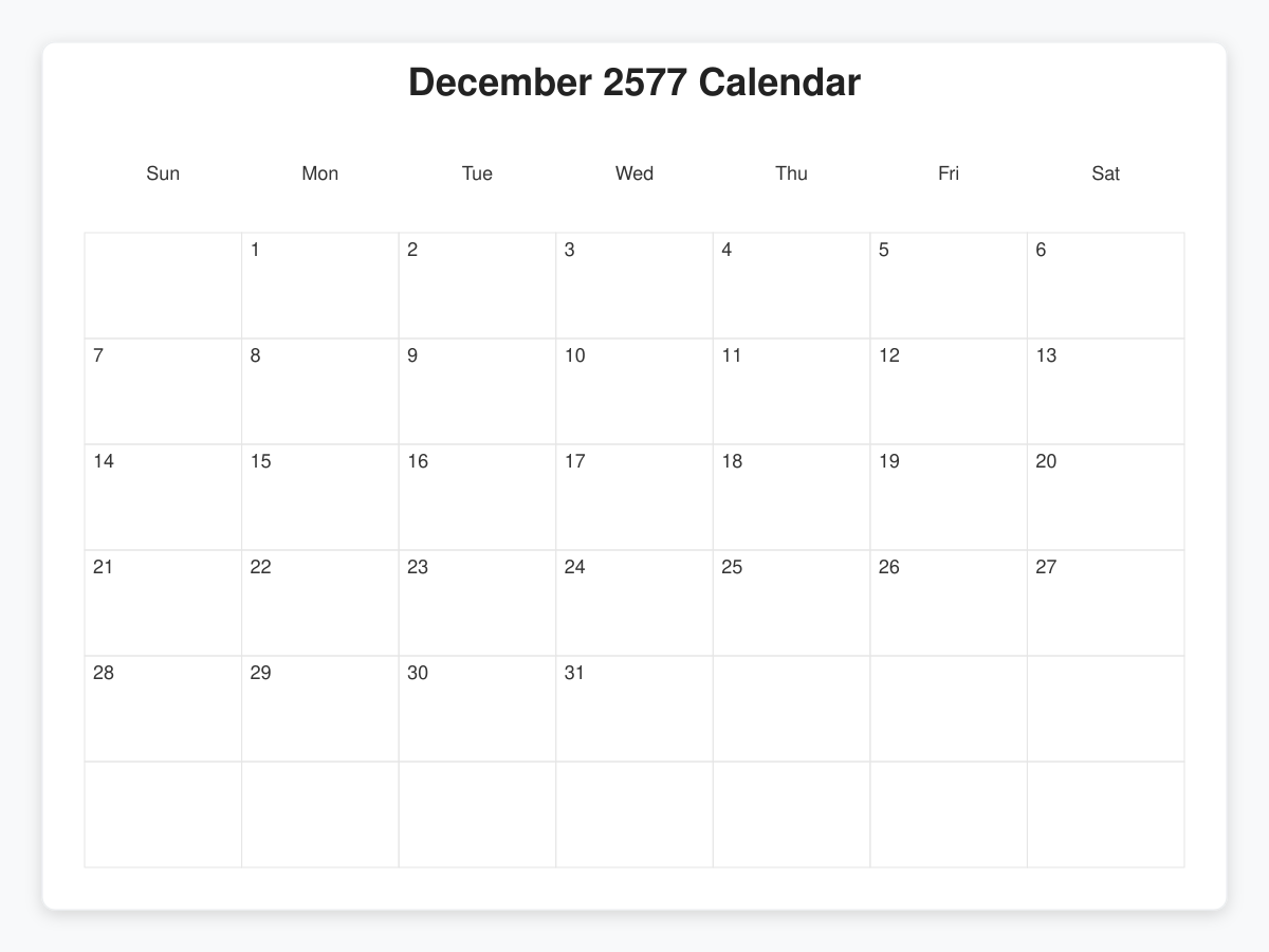 Printable December 2577 Calendars
