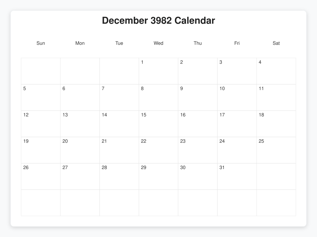 Printable December 3982 Calendars