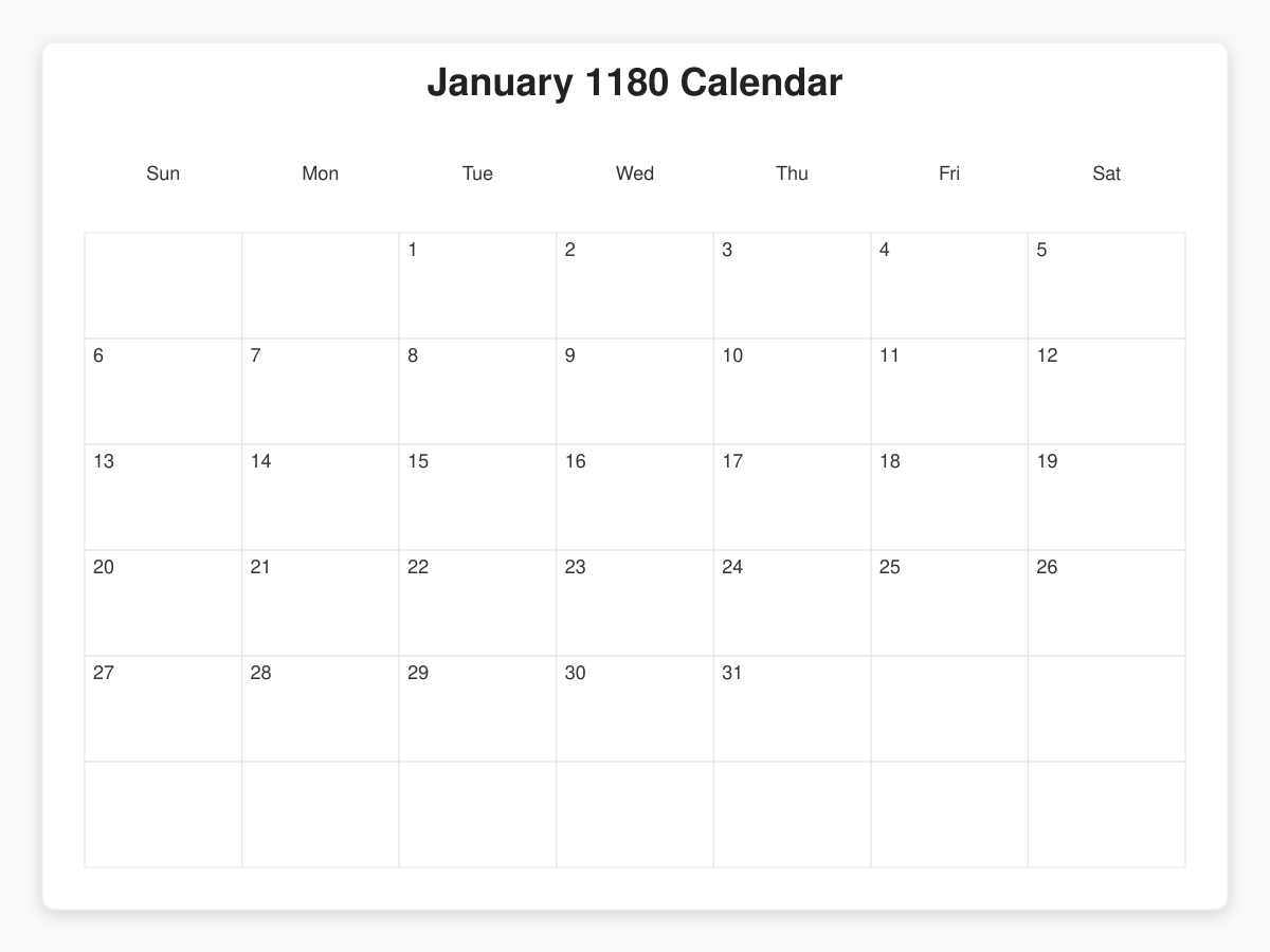 Printable January 1180 Calendars