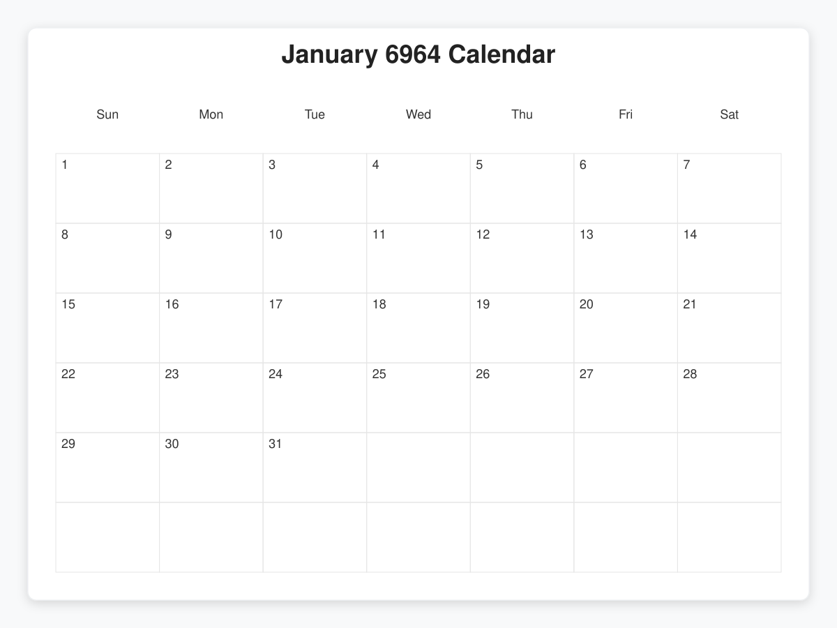 Printable January 6964 Calendars