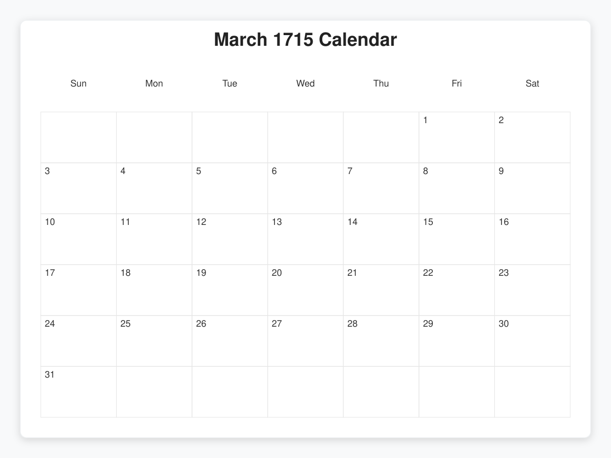 Printable March 1715 Calendars