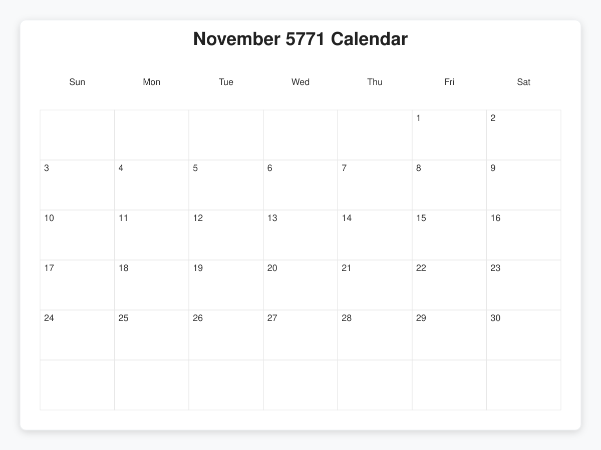 Printable November 5771 Calendars