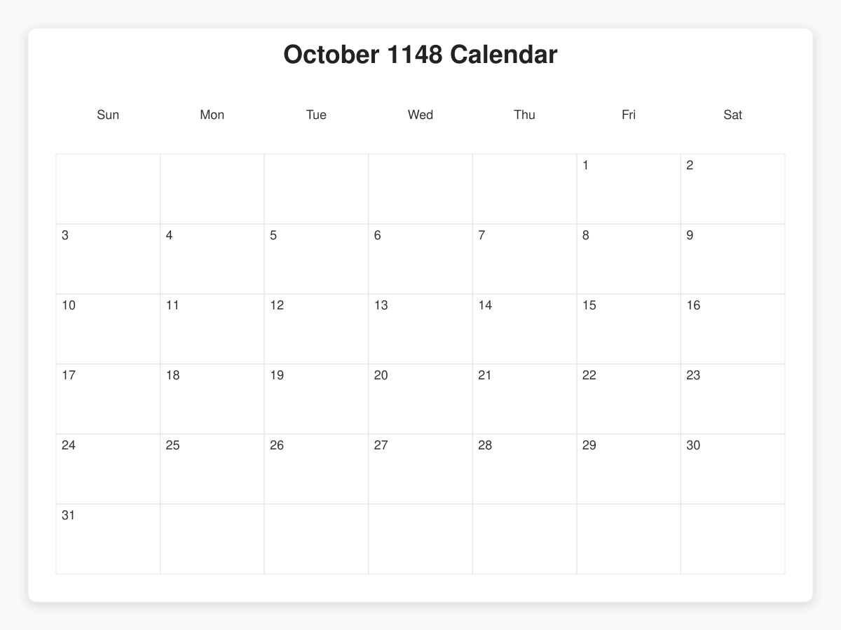 Printable October 1148 Calendars