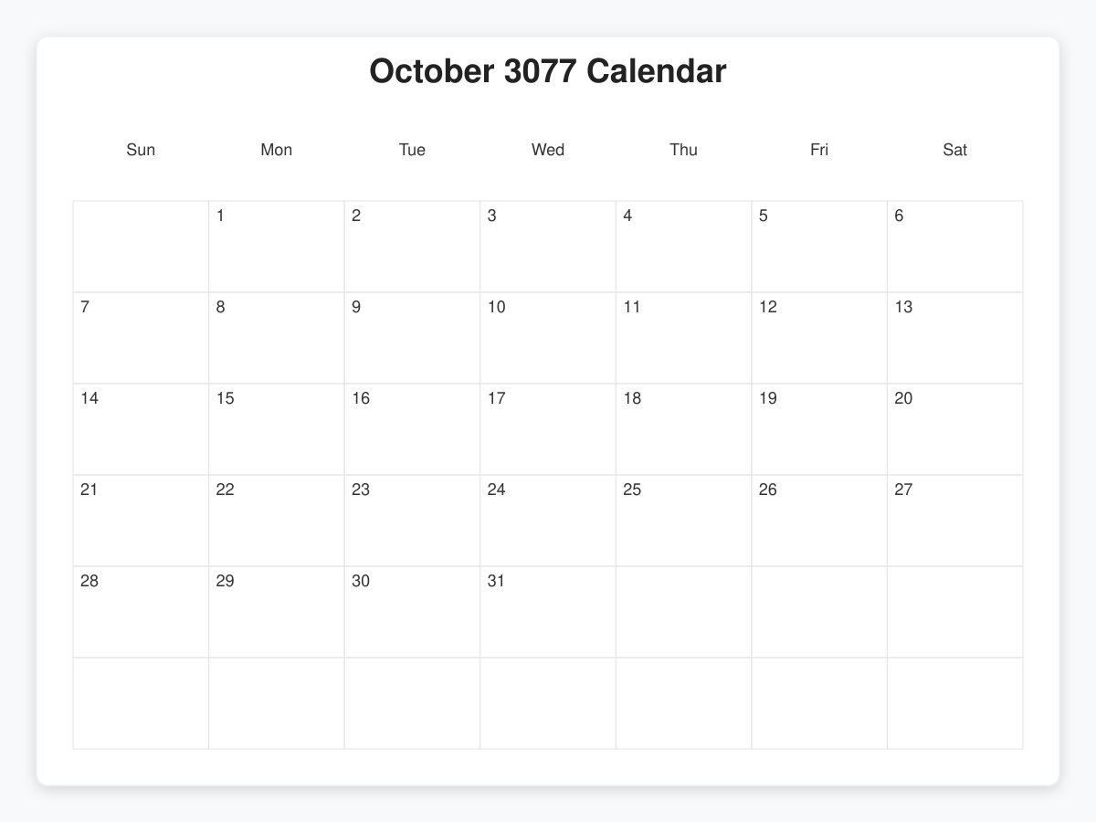 Printable October 3077 Calendars