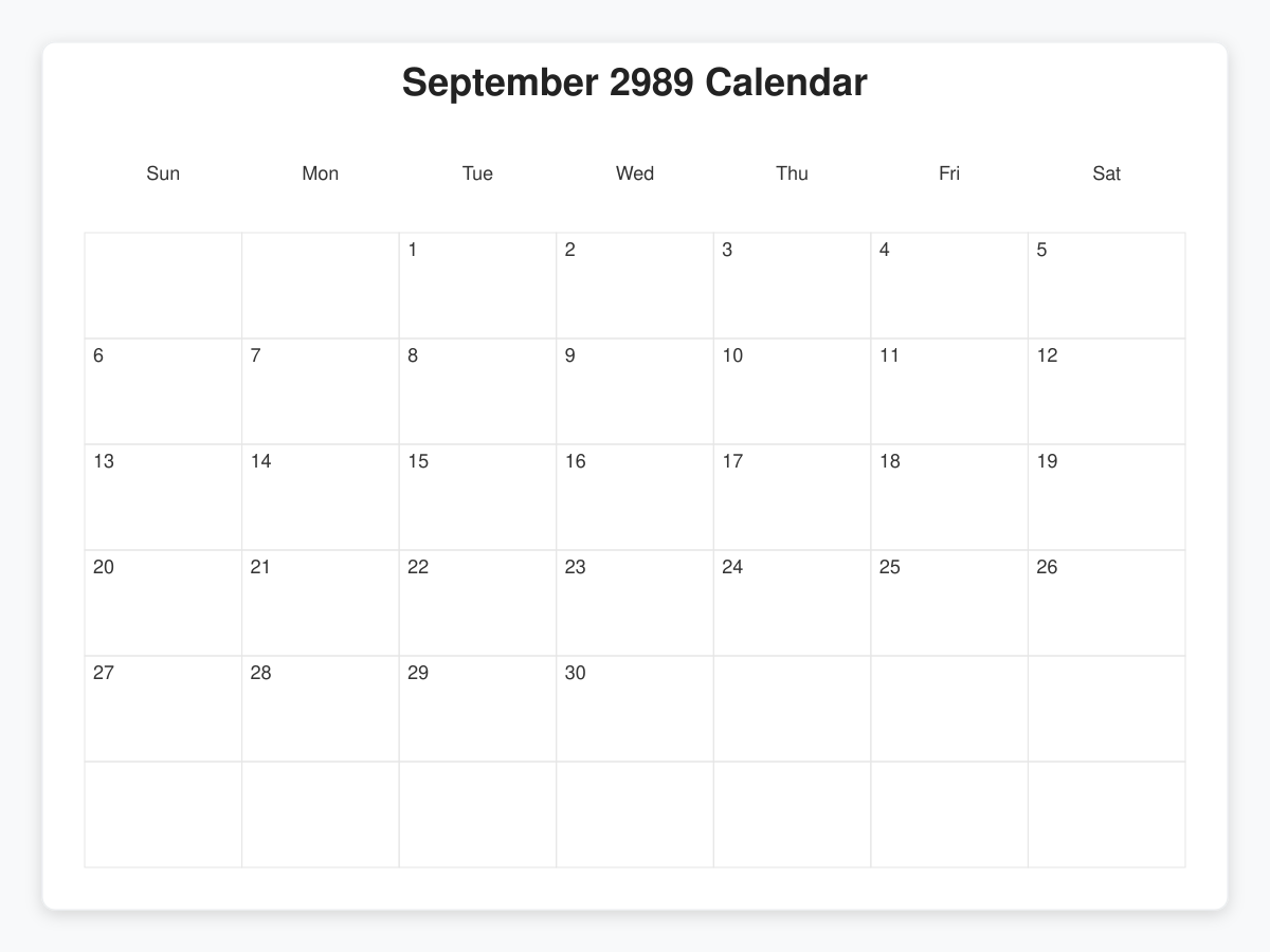 Printable September 2989 Calendars