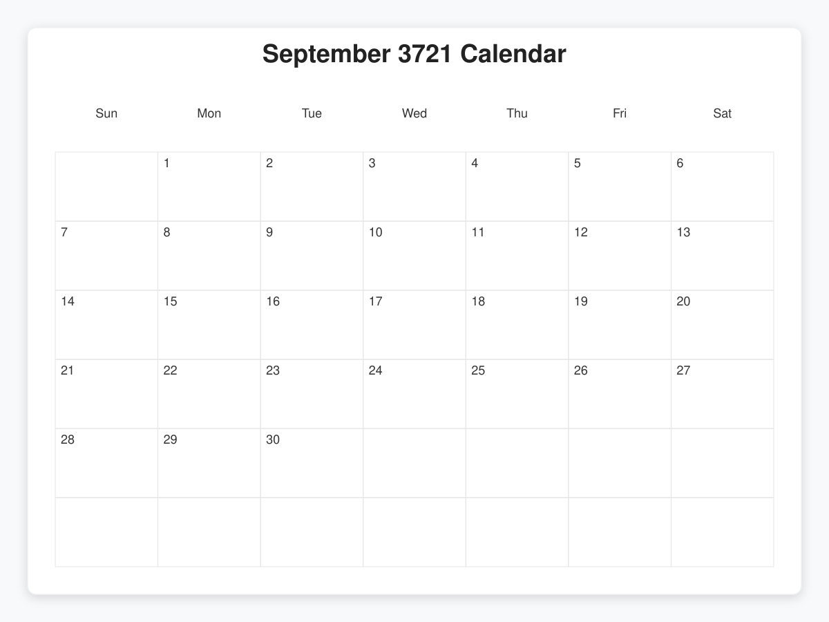 Printable September 3721 Calendars