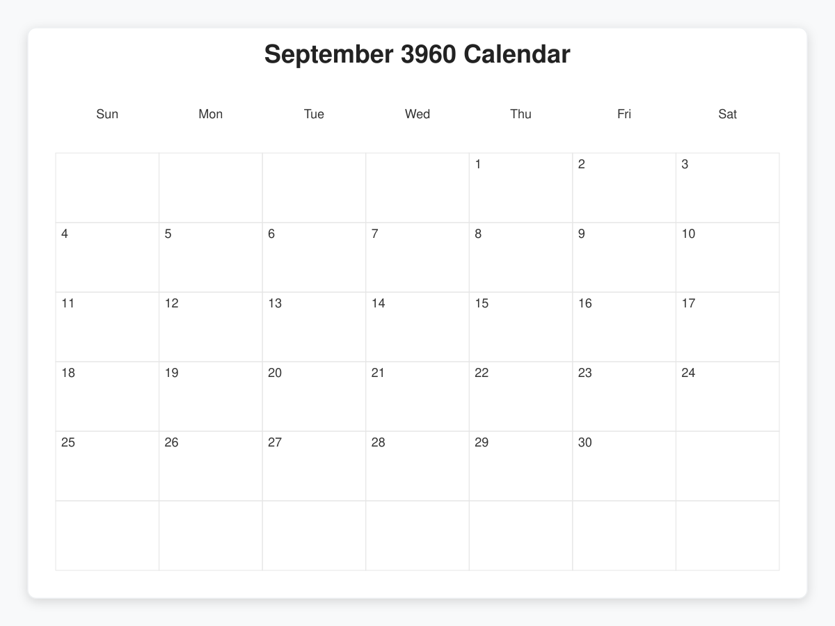 Printable September 3960 Calendars