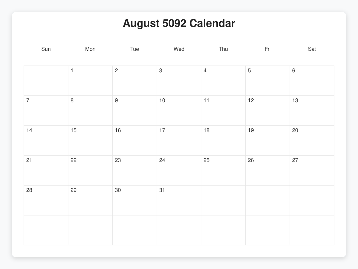 Printable August 5092 Calendars