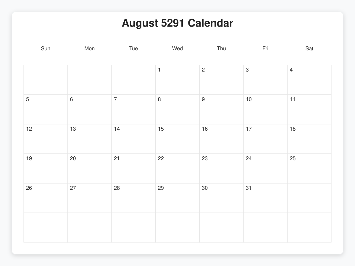 Printable August 5291 Calendars