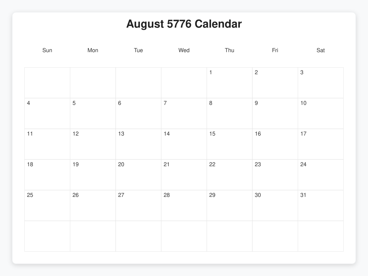 Printable August 5776 Calendars