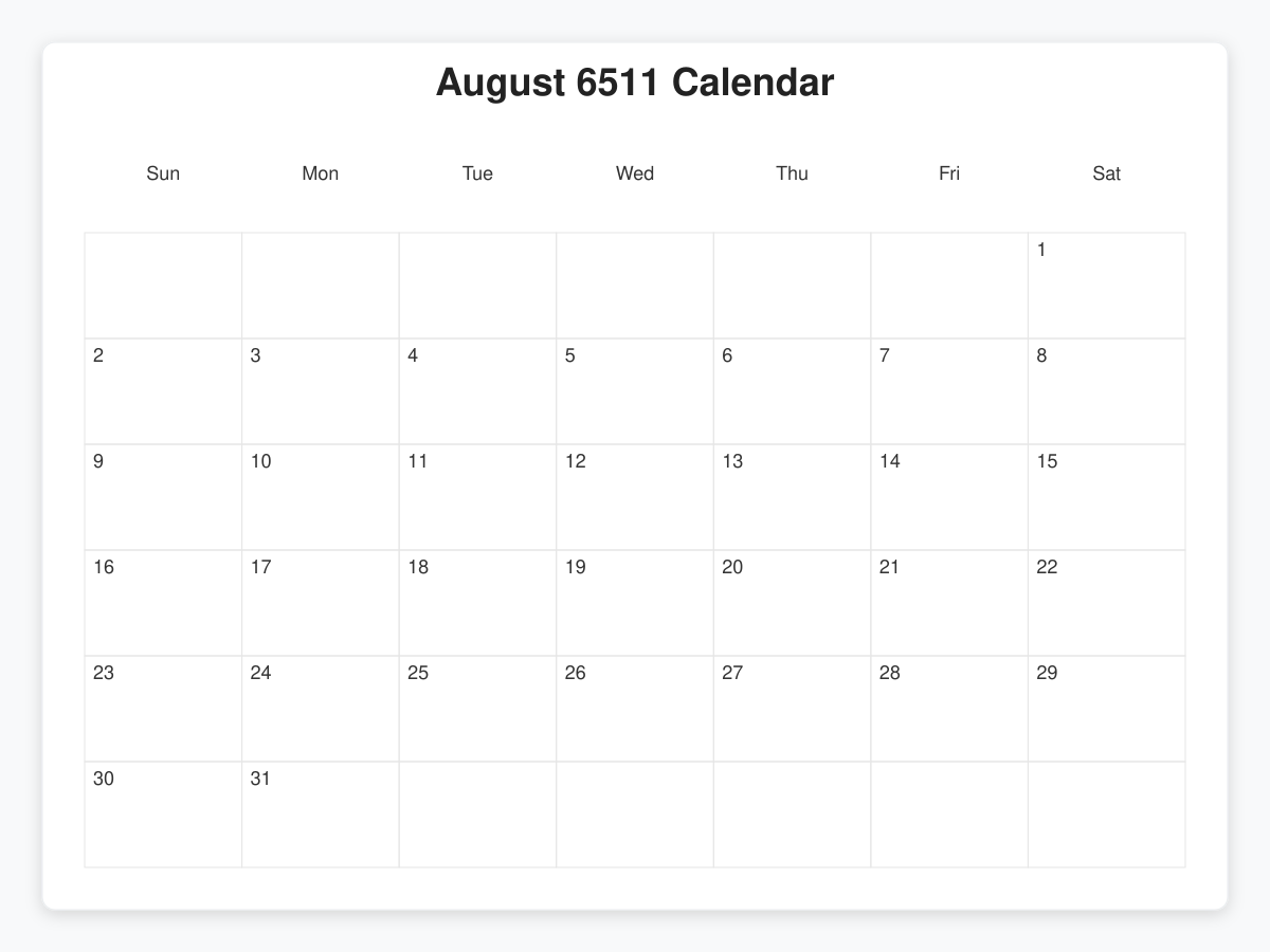 Printable August 6511 Calendars