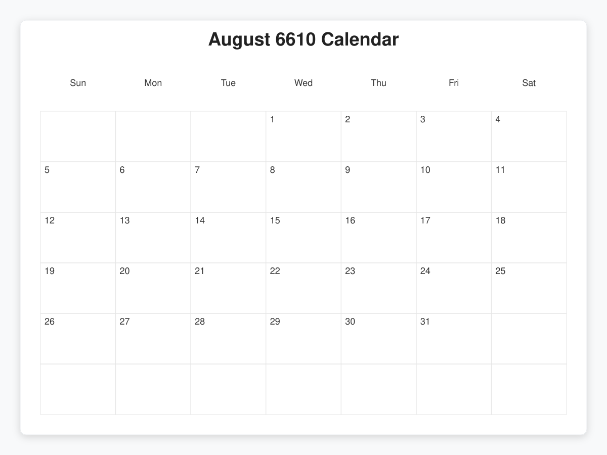 Printable August 6610 Calendars