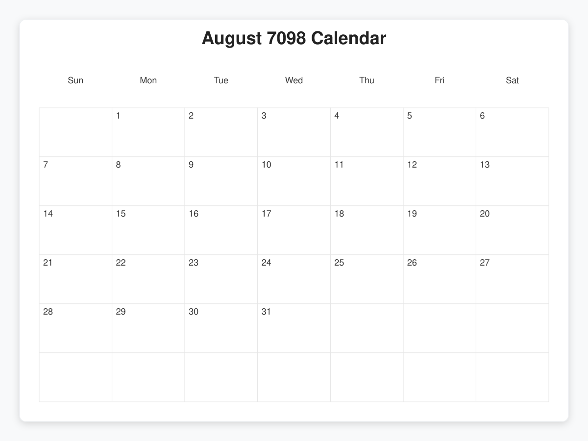 Printable August 7098 Calendars