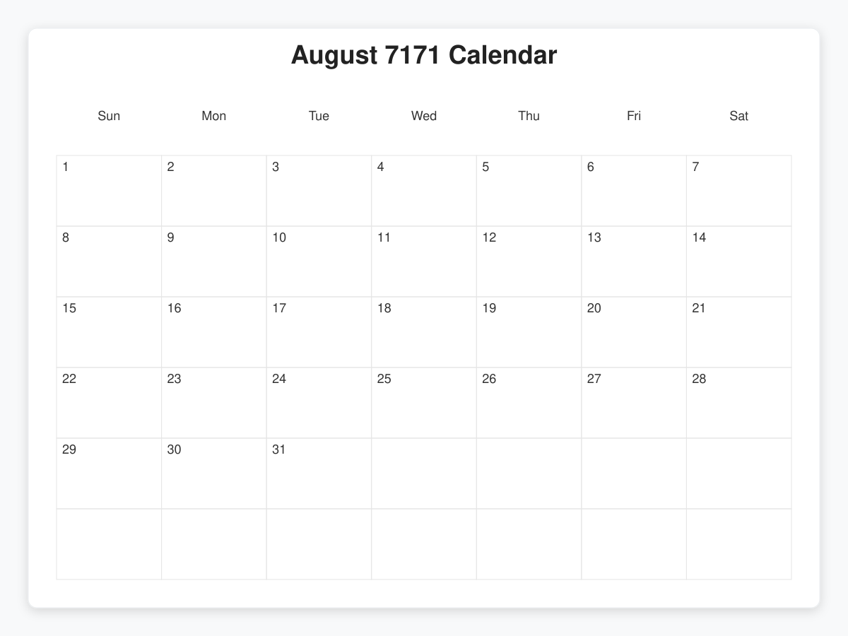 Printable August 7171 Calendars