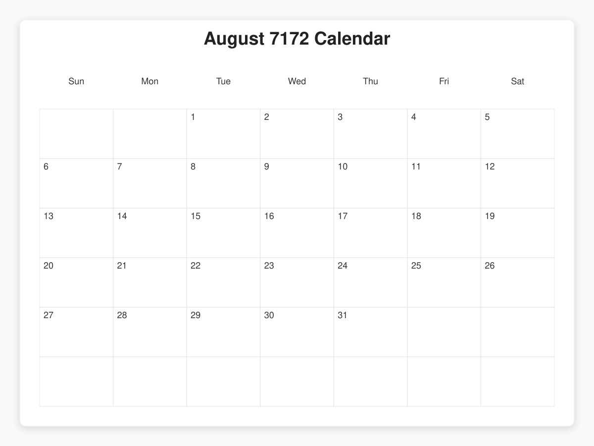 Printable August 7172 Calendars