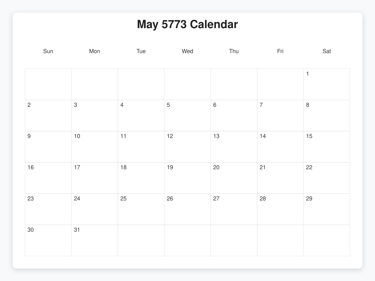Printable May 5773 Calendars