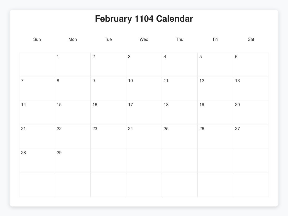 Printable January 1104 Calendars