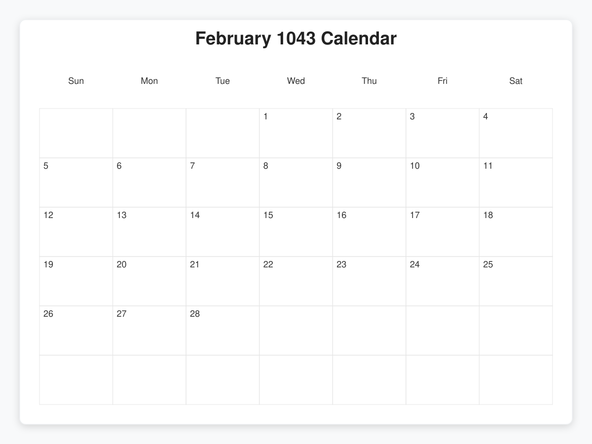 Printable February 1043 Calendars