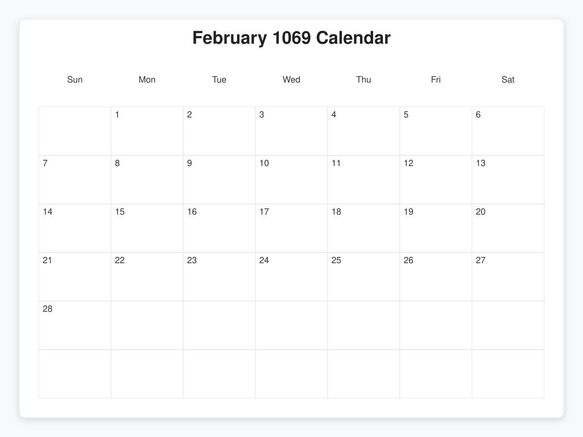 Printable February 1069 Calendars