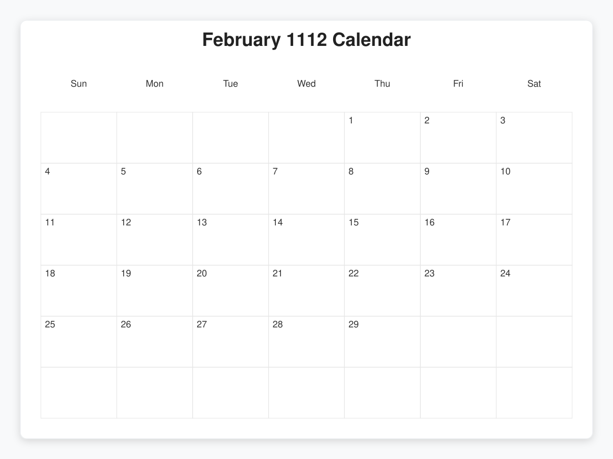 Printable February 1112 Calendars