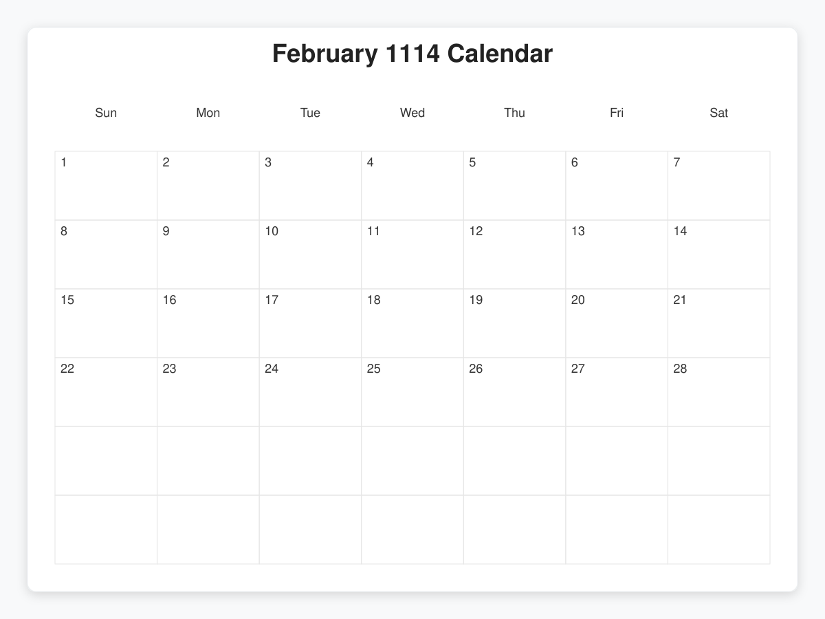 Printable February 1114 Calendars