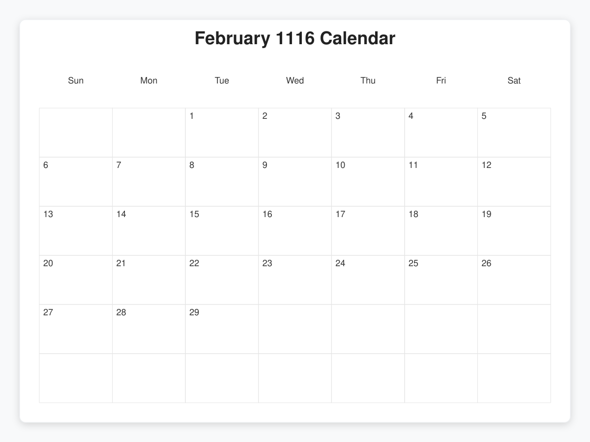 Printable February 1116 Calendars