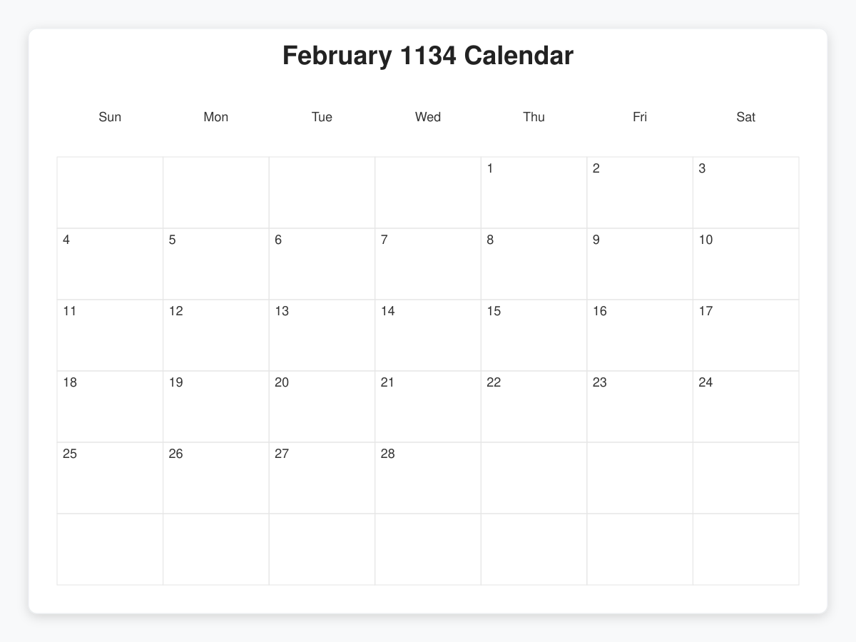 Printable February 1134 Calendars