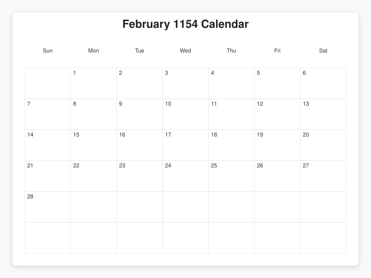 Printable February 1154 Calendars