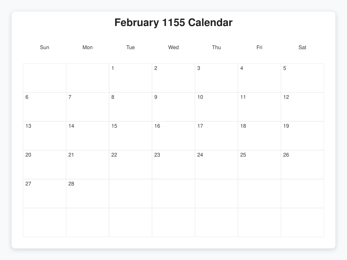 Printable February 1155 Calendars