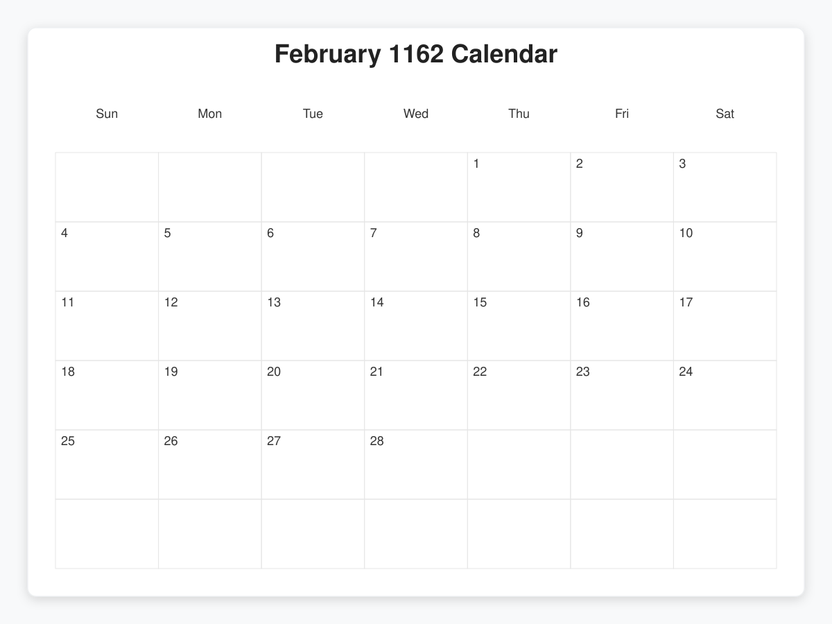 Printable February 1162 Calendars
