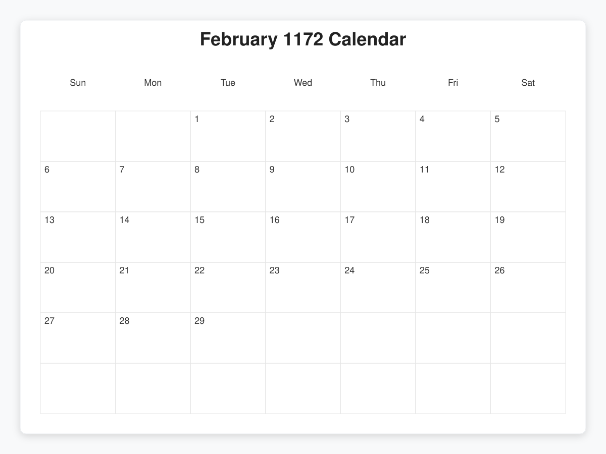 Printable February 1172 Calendars
