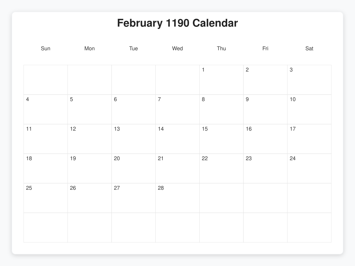 Printable February 1190 Calendars