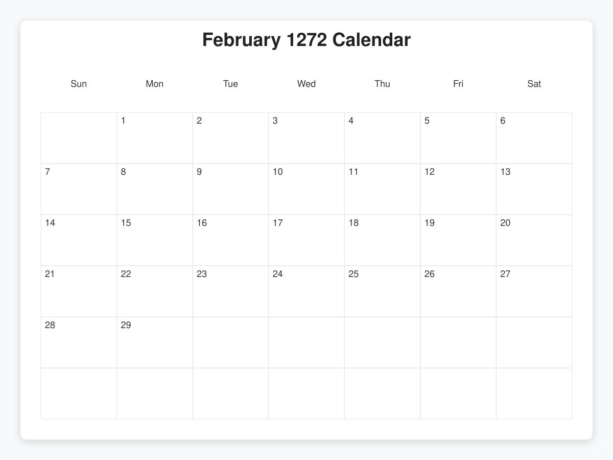 Printable February 1272 Calendars