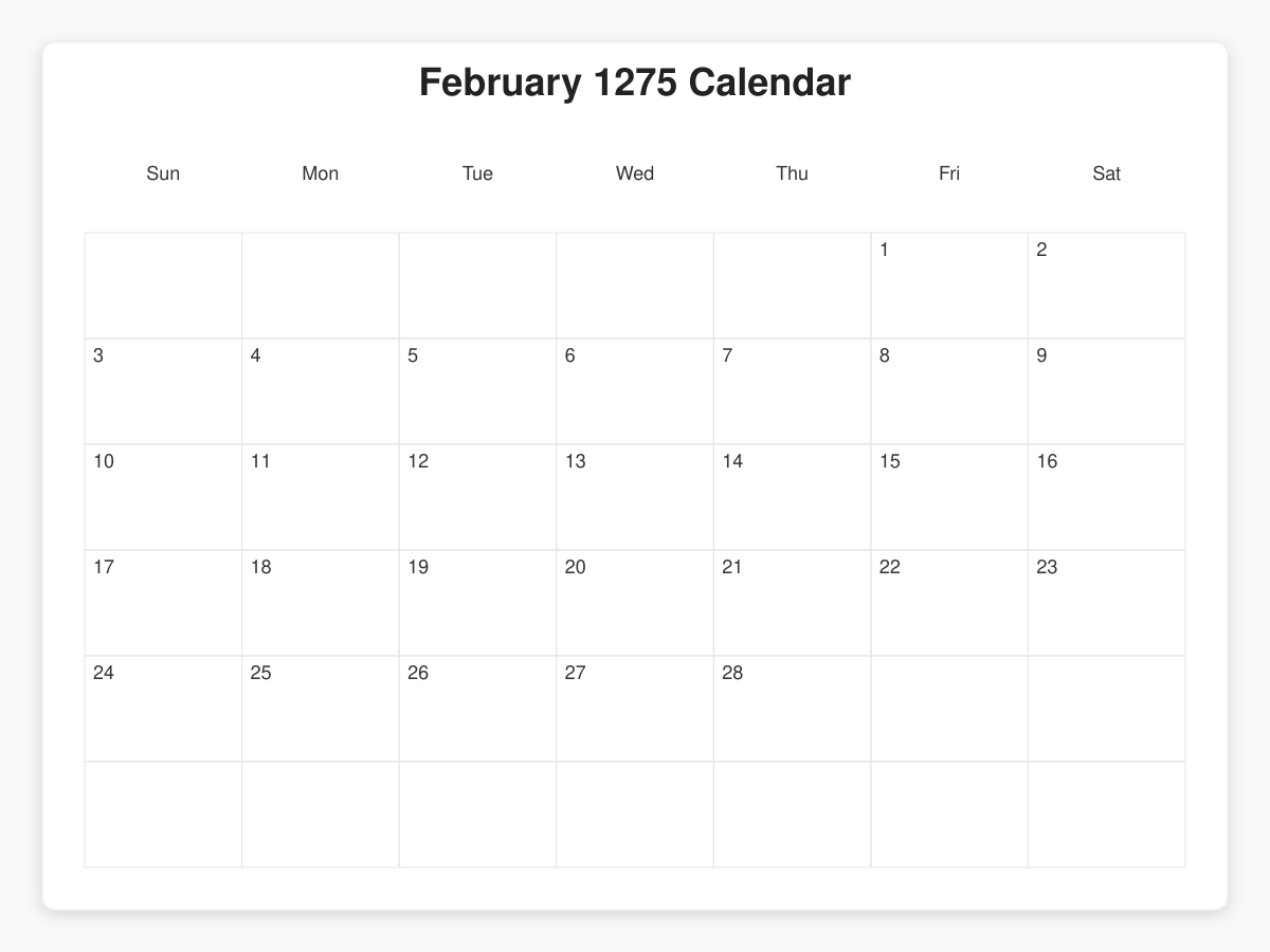 Printable February 1275 Calendars
