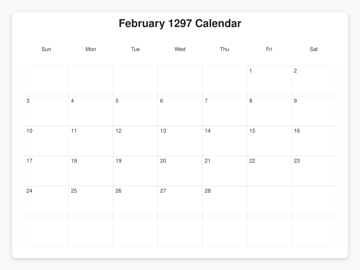 Printable February 1297 Calendars
