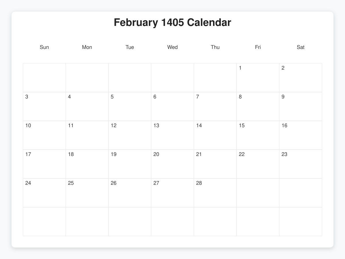 Printable February 1405 Calendars