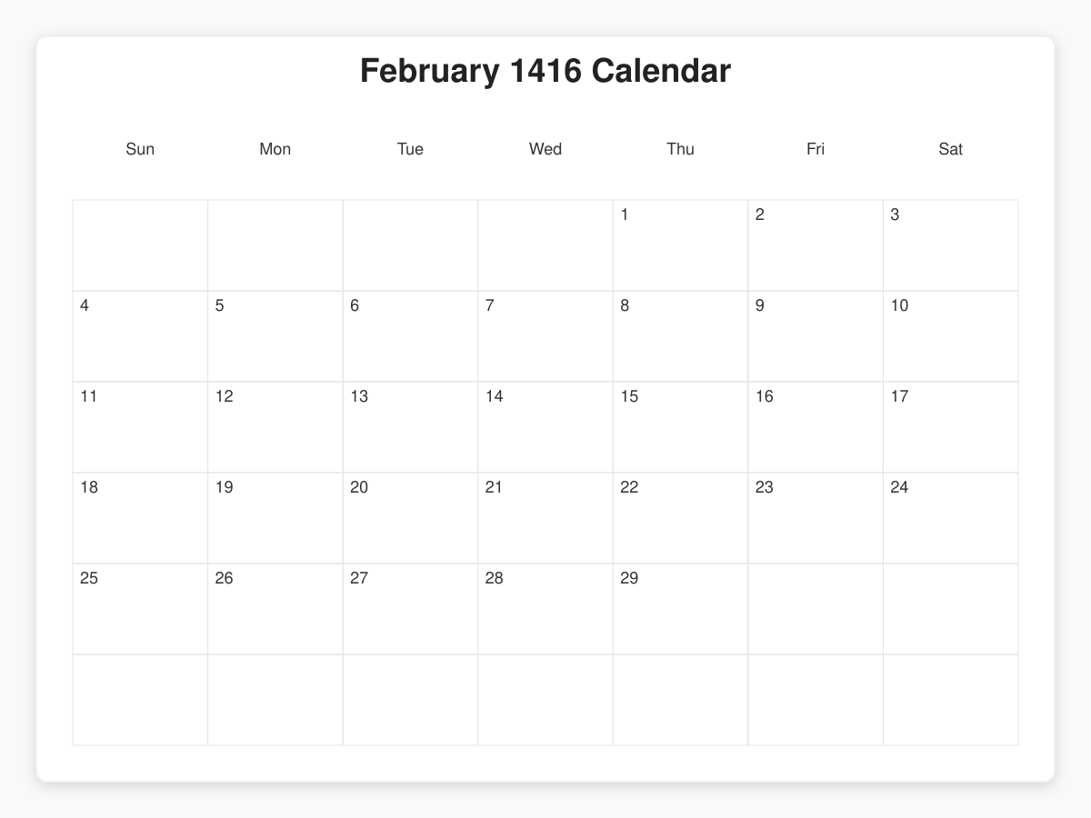 Printable February 1416 Calendars
