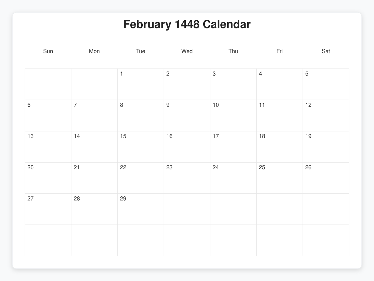 Printable February 1448 Calendars