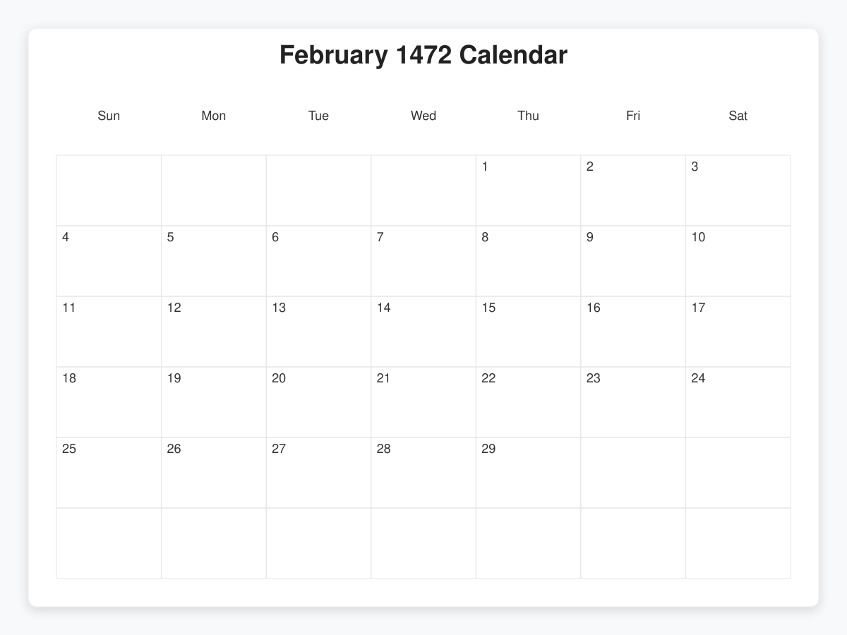 Printable February 1472 Calendars